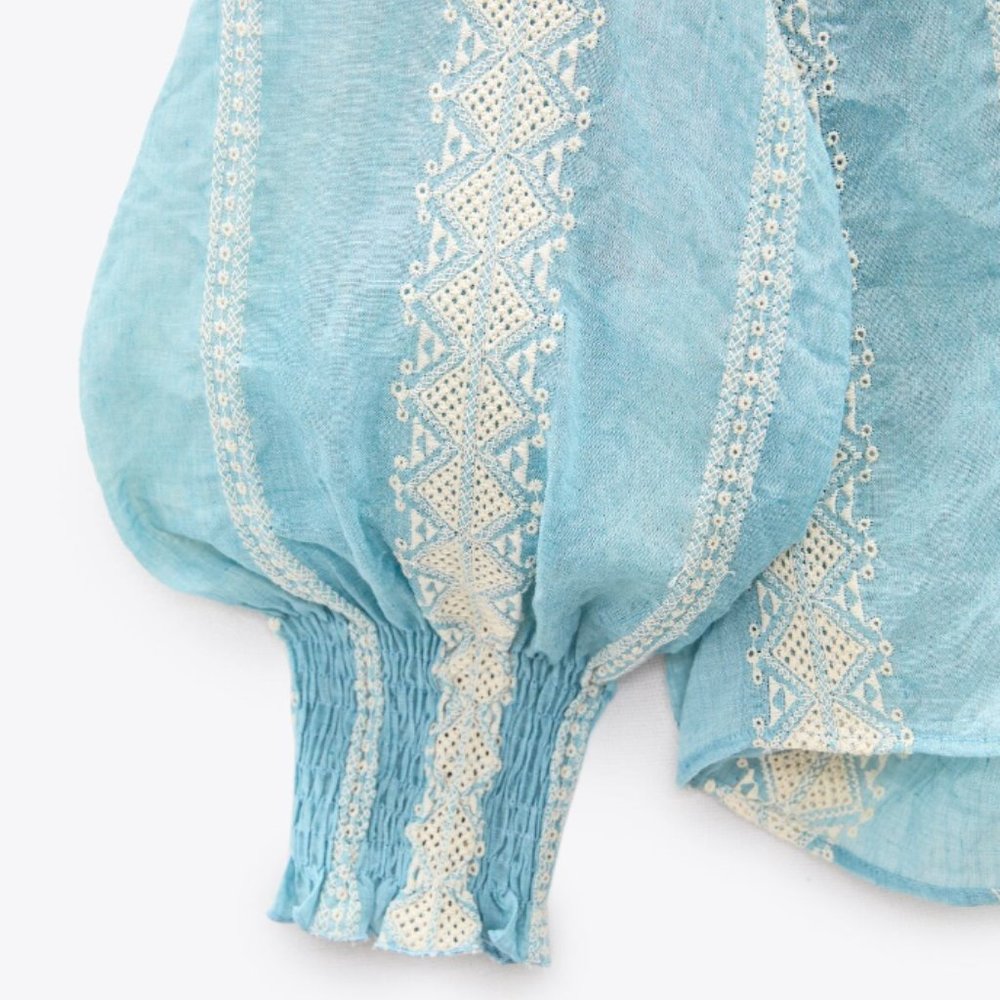ZARA SMOCKED BALLOON SLEEVE COMBINATION EMBROIDERED BUTTON DOWN SHIRT - Picture 5 of 7